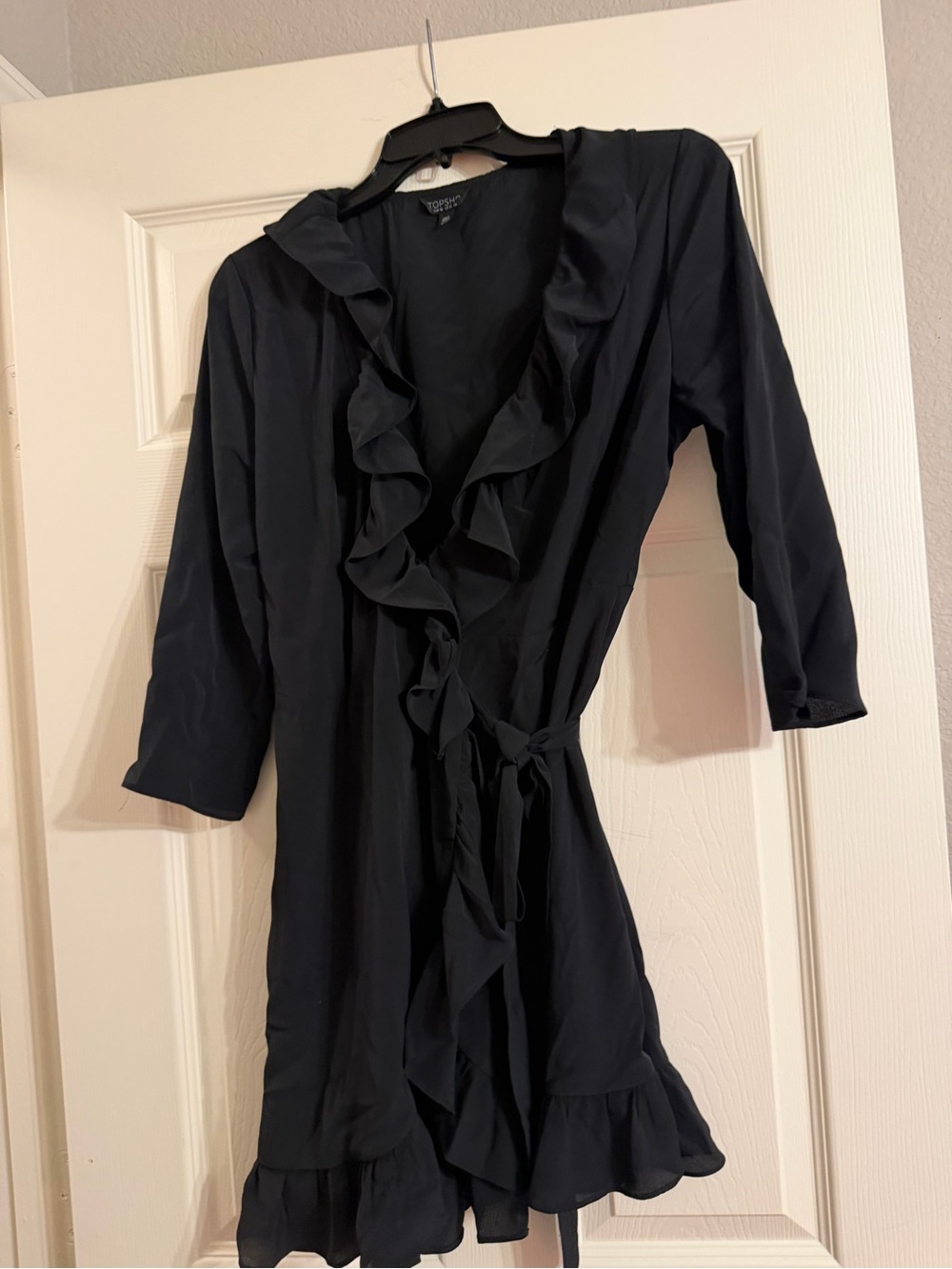 Topshop Black Ruffle Tie-Waist Wrap Dress